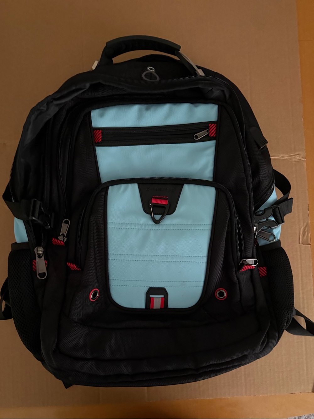 Amazon Black and Light Blue Men's Travel Backpack with Red Accents